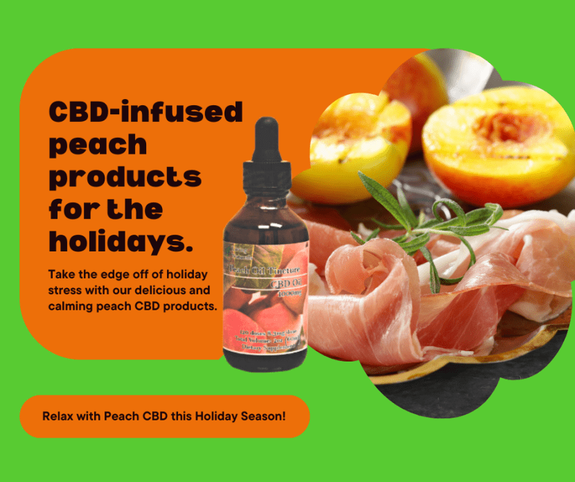 on a green and orange background, a bottle of peach CBD oil, and a doily image with peaches and ham slices