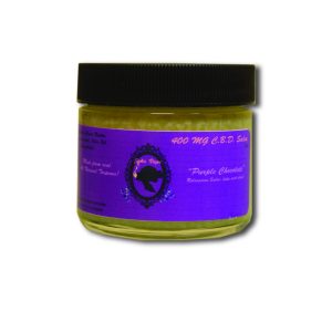 glass jar with black top lid and black label reads Janevape Puple Chocolate CBD Salve 400mg