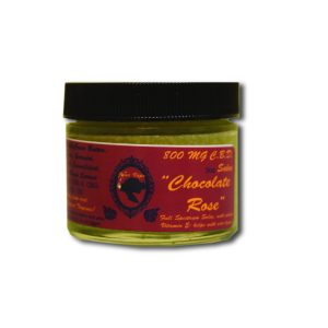 glass jar with black top lid and red label reads Janevape Chocolate Rose Full Spectrum CBD Salve