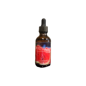 Living Naturals Watermelon CBD Tincture in an amber colored bottle with a realistic image of watermelon fruit