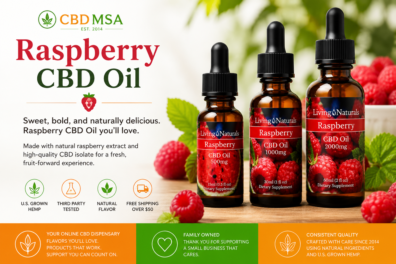 Living Naturals Raspberry CBD Oil bottles in 500mg, 1000mg, and 2000mg with fresh raspberries